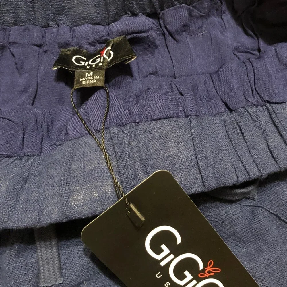 GiGiO Navy Crinkled woven frayed raw edge shorts with elastic tie waist  5194 - Picture 4 of 7